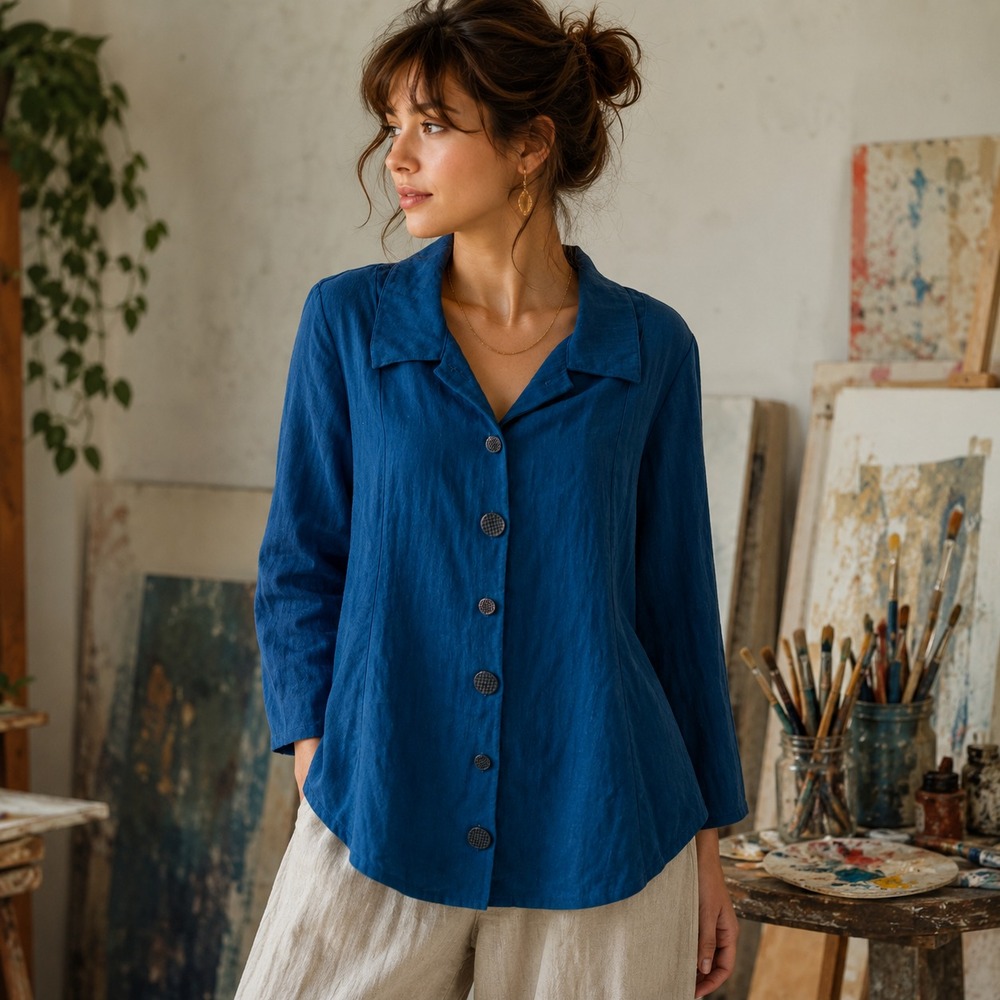Habitat Womens Button Front Top Sz M Blue Rayon Coastal Artsy Lagenlook Office
